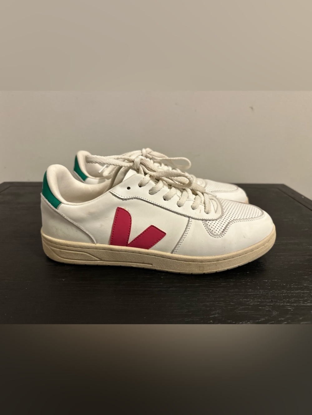 Veja White Sneakers with Pink V and Green Heel Tab